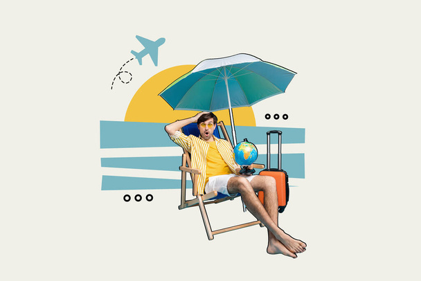 Composite collage creative design of new resort funny man forgot where his hotel lying beach sunbathing isolated on seaside background. - Foto, Imagem