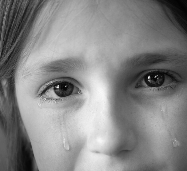 Girl crying with tears on her face of cheek rolling down sad and upset - Φωτογραφία, εικόνα