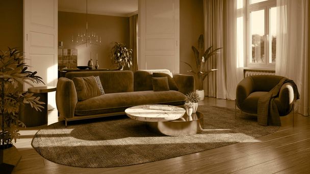 Grandes interiores luminosos modernos de lujo hogar Sala de estar mockup banner ilustración vintage 3D renderizado - Foto, imagen