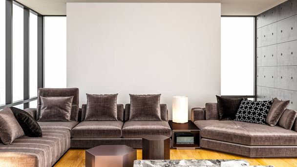 Large luxury modern bright interiors home Living room mockup banner vintage illustration 3D rendering - Fotografie, Obrázek