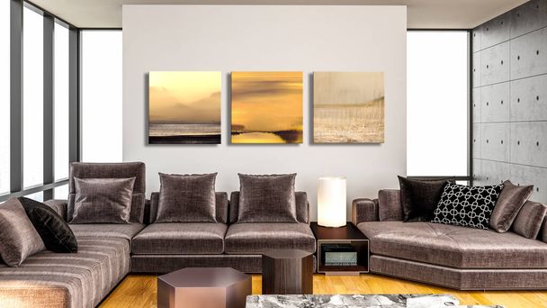 Velký luxusní moderní světlé interiéry domů Obývací pokoj mockup banner vintage ilustrace 3D vykreslování - Fotografie, Obrázek