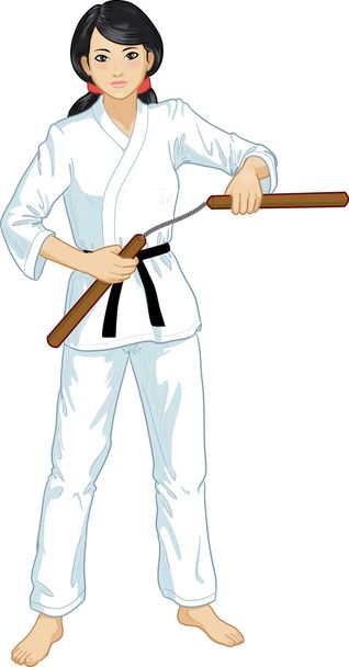 Karategi Asya Nunchuck kız - Vektör, Görsel
