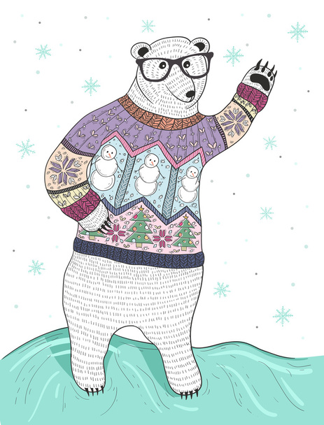Niedlicher Hipster-Eisbär mit Brille und Weihnachtspullover - Vektor, Bild