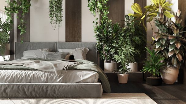Heimgarten, minimalistisches Schlafzimmer in weißen und dunklen Holztönen. Großaufnahme, Bett, Parkettboden und viele Zimmerpflanzen. Urbane Dschungel-Innenarchitektur. Biophilie-Konzept - Foto, Bild