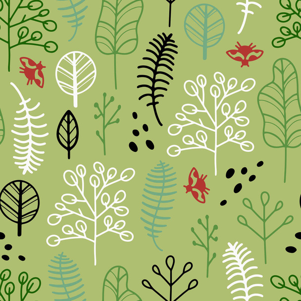 Hand drawn vector seamless pattern with doodle line bushes, trees and leaves, childish style forest - Vecteur, image