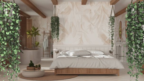 Jungle frame, biophilic concept idea interior design. Tropical leaves over boho bedroom and bathroom. Cerpegia woodii hanging plants - Photo, Image
