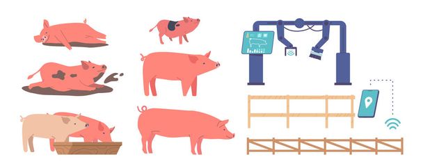 Set di elementi di bestiame suino isolati su sfondo bianco. Porcellini che rotolano nel fango, mangiano, macchina automatizzata per il lavaggio degli animali, smartphone e recinzione in legno. Illustrazione del vettore della gente del fumetto - Vettoriali, immagini