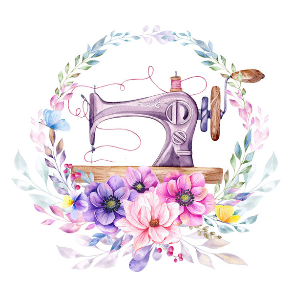 Ραπτική λογότυπο. Βίντατζ ραπτομηχανή με στεφάνι λουλουδιών. Εικονογράφηση υδατογραφίας σε λευκό απομονωμένο φόντο. Χόμπι. Σπιτικό χόμπι. Κεντήματα, ράψιμο. Λογότυπο καταστήματος ραφιών. - Φωτογραφία, εικόνα
