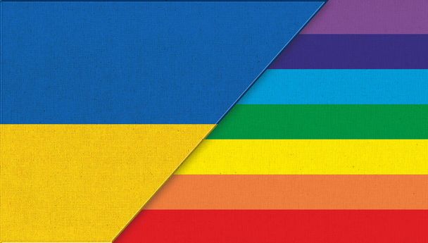 Vlag van Oekraïne en LGBT - 3D illustratie. Twee vlaggen samen. Nationaal symbool van Oekraïne en veelkleurige vlag van seksuele diversiteit. Oekraïense vlag en symbool van seksuele minderheden veelkleurige vlag - Foto, afbeelding