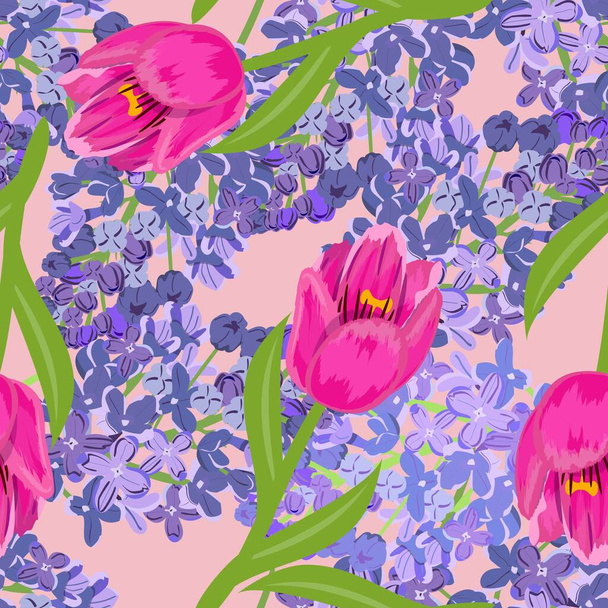 Lente, zomer bloemen naadloos patroon met tulpen en lila op roze achtergrond. Voor textiel, inpakpapier, verpakking.  - Vector, afbeelding
