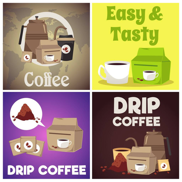 Drip brewed coffee square posters set, flat vector illustration. Brewed drink advertising banners. Equipment for delicious coffee making - kettle, grounded coffee, filters and cups. - Vetor, Imagem