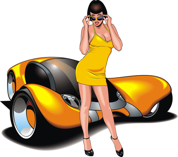 miła dziewczyna i mój oryginalny samochód zaprojektowane sportowe  - Wektor, obraz
