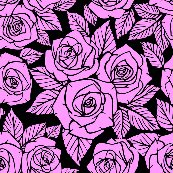 бесшовный розовый асимметричный узор контуров роз на черном фоне, текстура, дизайн - Вектор,изображение