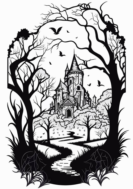 Antiguo castillo medieval, y en primer plano viejos árboles marchitos. Hermoso palacio. Paisaje de Halloween con un castillo. Ilustración vectorial en blanco y negro - Vector, Imagen