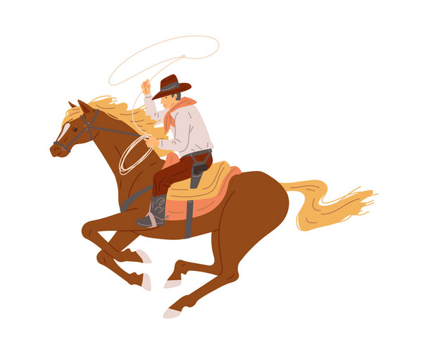 Cowboy on horse throwing lasso, flat vector illustration isolated on white background. Traditional wild west character riding horse. Concepts of western, ranch and rodeo. - Vektori, kuva