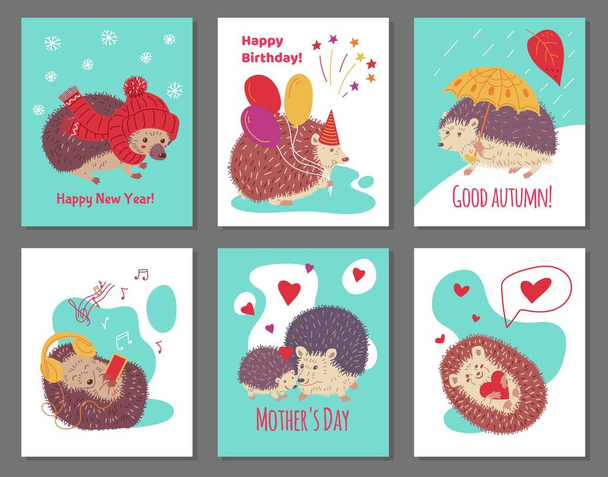 Set of greeting cards with hedgehogs flat style, vector illustration isolated on gray background. Cute prickly animals, happy birthday, Mothers Day, decorative design - Vetor, Imagem