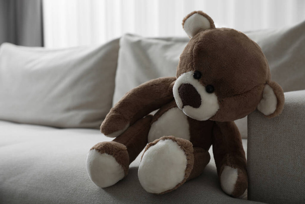 Cute lonely teddy bear on sofa in room - Фото, зображення