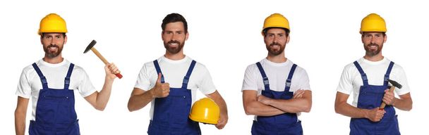 Photos of builder with hammer on white background, collage design - Fotó, kép