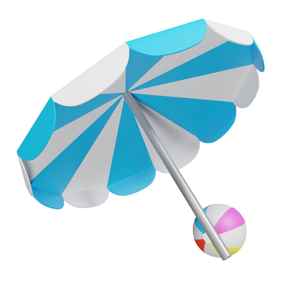3d illustration of beach ball and umbrella, white background - Foto, afbeelding