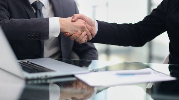 Happy business men giving handshakes after negotiations - Foto, imagen