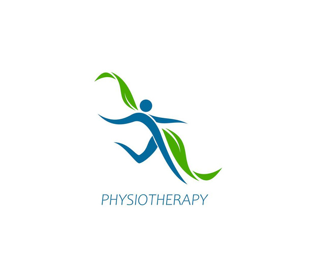 Physiotherapy, spine and body health icon. Spine health medical center, physiotherapy clinic or chiropractic massage therapist vector emblem. Back pain treatment symbol with healthy human figure - Vector, Image