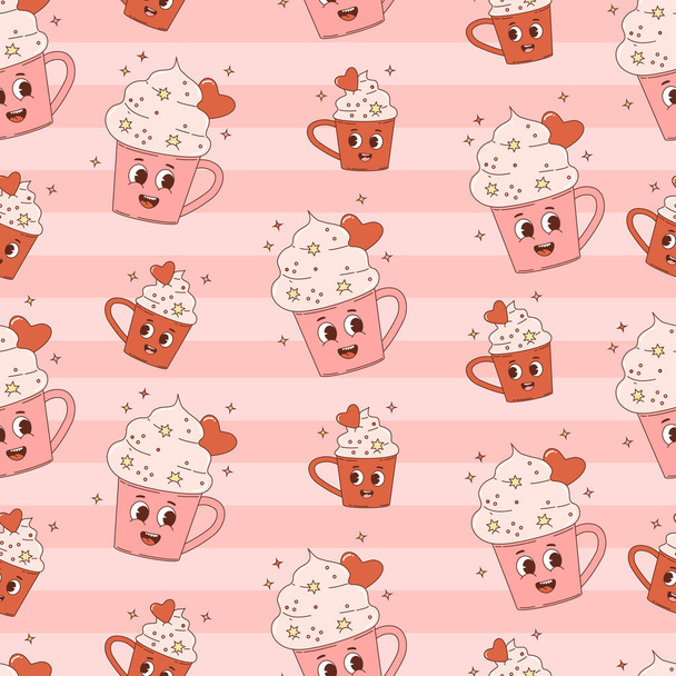 Padrão sem costura retro. Happy personagens de desenhos animados copos de sobremesa no fundo rosa. Ilustração vetorial para papel de parede, design, têxtil, embalagem, decoração - Vetor, Imagem