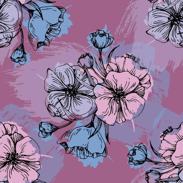 Naadloos patroon met kersenboom bloesem. Vintage met de hand getekende vector illustratie in schets stijl. Roze kersen bloemen textiel print, lente boom bloesem stof, roze eenvoudige bloemen. - Vector, afbeelding