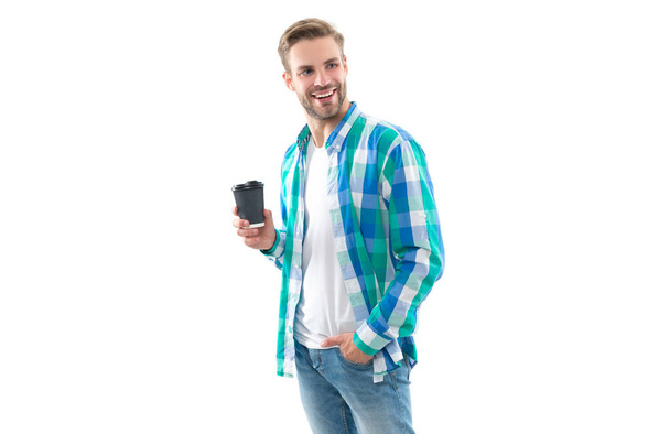 photo of happy millennial man with coffee isolated on white. - Φωτογραφία, εικόνα