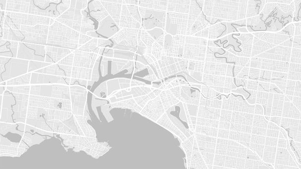 Bílá a světle šedá Melbourne městské oblasti vektorové pozadí mapa, silnice a vodní ilustrace. Širokopásmový poměr, digitální plán plochého designu. - Vektor, obrázek