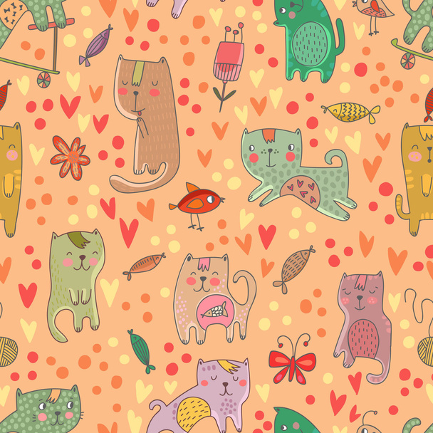 Seamless pattern with cats and fish - Vector, Imagen