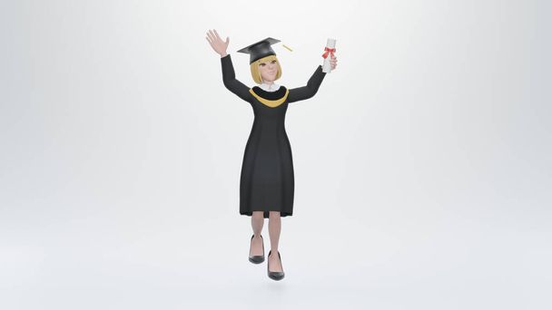 3D рендеринг. Радостная аспирантка в черном платье, держащая диплом и празднующая свой выпускной. - Фото, изображение