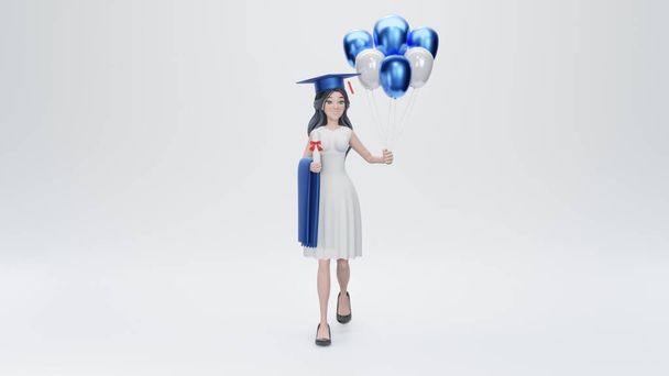  3D рендеринг. Выпускница празднует с воздушным шаром и сертификатом в руке, чувствуя себя так горда и счастье в день начала, Образование Концепция успеха - Фото, изображение