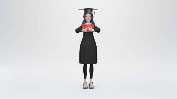 3D рендеринг. Удивлена взволнованная студентка со шляпой выпускного на голове и дипломом в руке. - Фото, изображение