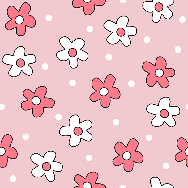 carino bianco e rosa fiori margherita e puntini senza soluzione di continuità modello vettoriale illustrazione su sfondo rosa - Vettoriali, immagini