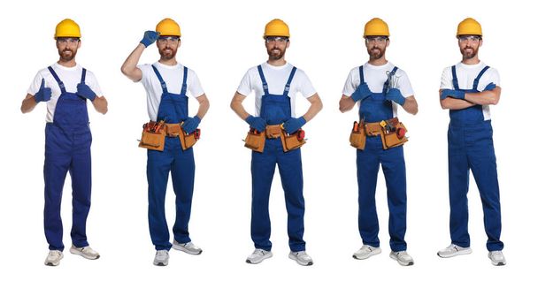 Photos of builder with construction tools on white background, collage design - Foto, afbeelding