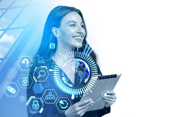 Smiling businesswoman portrait with tablet in hands, earth globe and digital connection hologram, data icons. Metaverse and social marketing. Concept of global internet. Copy space - 写真・画像