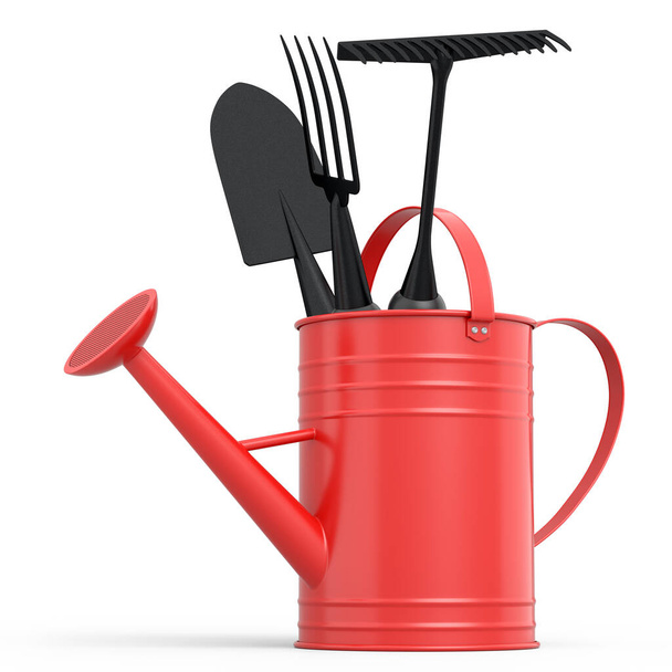 Watering can with garden tools like shovel, rake and fork on white background. 3d render concept of horticulture and farming supplies - Foto, afbeelding