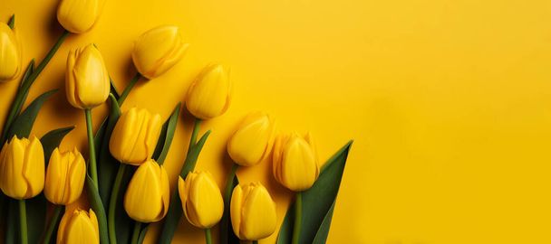 Spring background with flowers and free space for your text. Yellow tulips on a yellow background - Foto, immagini