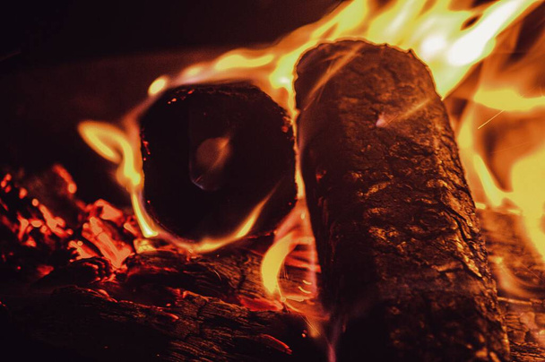 A micro closeup shot of tree branches burning to light a fire - Fotó, kép