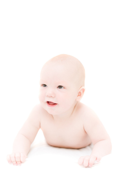 ホワイト バック グラウンドで小さな赤ちゃんを面白い - 写真・画像