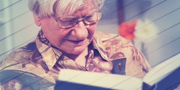Γριά γυναίκα διαβάζει ένα βιβλίο στο σπίτι, γεωμετρικό μοτίβο - Φωτογραφία, εικόνα