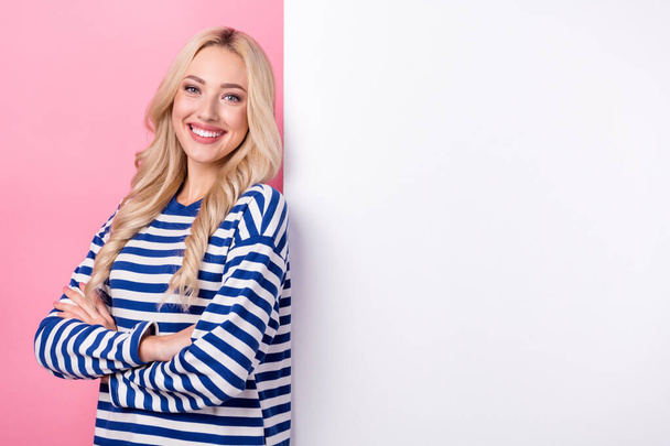 Photo of young business lady wear stylish pullover blonde hairstyle folded hands near whiteboard mockup isolated on pink color background. - 写真・画像