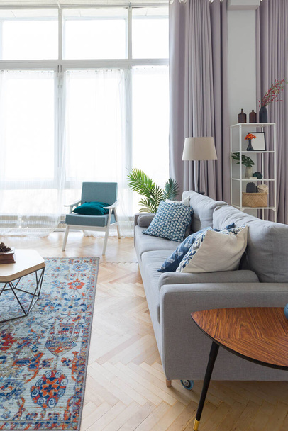 The interior design of the studio apartment in Scandinavian style. A spacious huge room in light colors. stylish expensive luxury furniture. - Photo, image