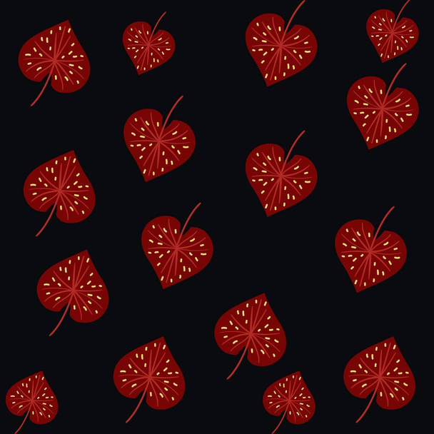 A seamless pattern of evenly distributed red cordate leaves illustration on a black background - Foto, imagen