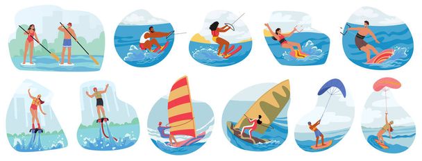 Conjunto de personajes involucrados en actividades acuáticas Natación, Paseos en barco, Paddleboarding, kitesurf o windsurf, Esquí acuático, Jet Ski, Tubería y Recreación de tablas de volar. Dibujos animados Gente Vector Ilustración - Vector, imagen