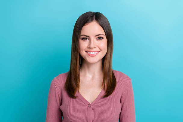 Portrait of cheerful positive cute woman with stylish hairstyle wear purple shirt toothy smiling isolated on blue color background. - Fotografie, Obrázek