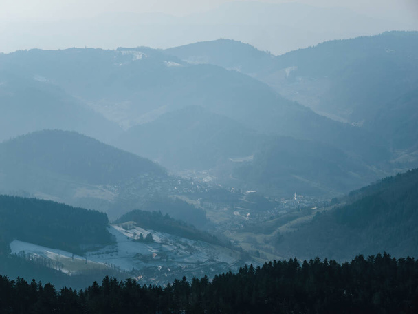 Повітряний вид чудового Чорного Лісу в Німеччині, наповнений хвойними деревами і тихим туманом, який створює спокійний краєвид з вершини Фельдберга. - Фото, зображення