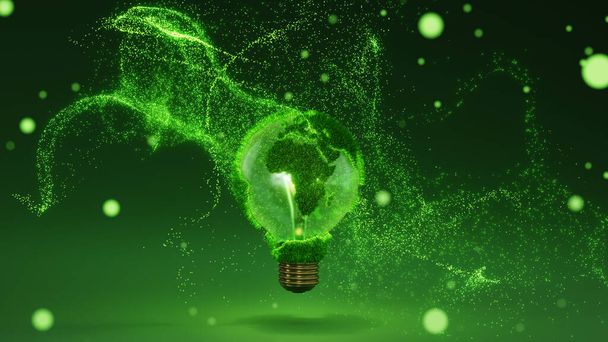 Earth globe light bulb. Scattering luminous particles. Green energy, renewable resources, planetary ecology protection, sustainable development. - Photo, Image