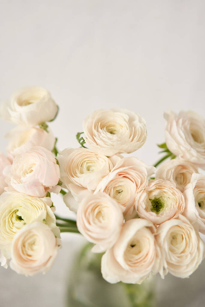 The background of ranunculus colors is gently pink. A riotous peony-shaped rose bouquet. - Photo, Image