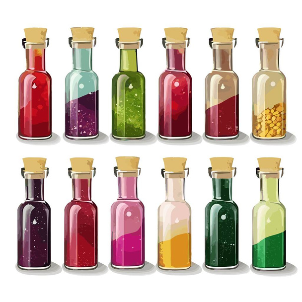 Potion in glass bottle set vector illustration isolated on white - Διάνυσμα, εικόνα